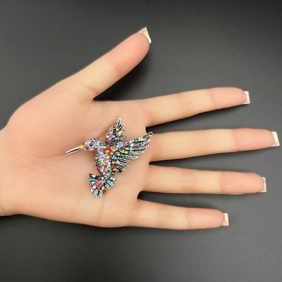 Silver with Multicolored Crystal Flying Hummingbird Pin Back Brooch - Picture 7 of 7